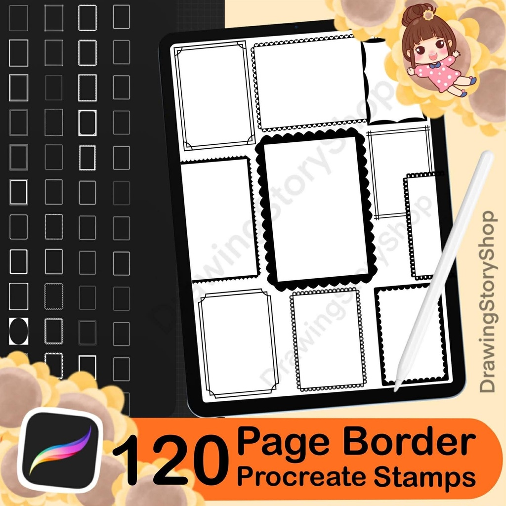 120 Page Border Stamps for Procreate, frame brushes (Digital Download)