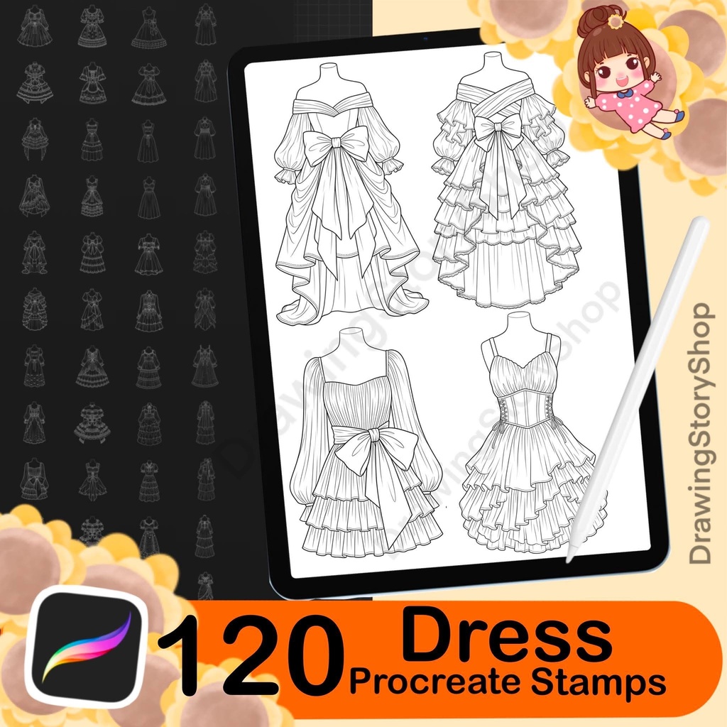 120 Procreate Dress Stamps | Anime Outfit Lineart Bundle | Cute Clothing Stamps