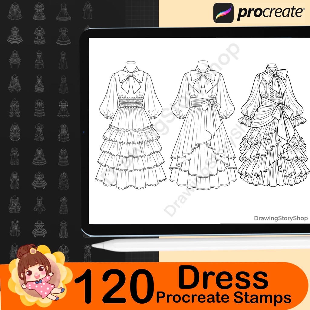 120 Procreate Dress Stamps | Anime Outfit Lineart Bundle | Cute Clothing Stamps