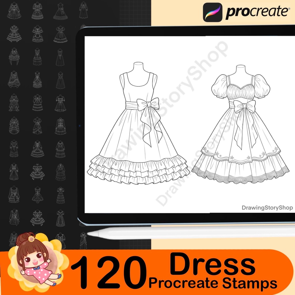 120 Procreate Dress Stamps | Anime Outfit Lineart Bundle | Cute Clothing Stamps