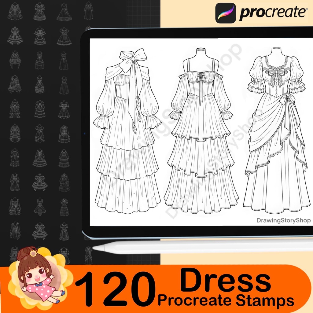 120 Procreate Dress Stamps | Anime Outfit Lineart Bundle | Cute Clothing Stamps