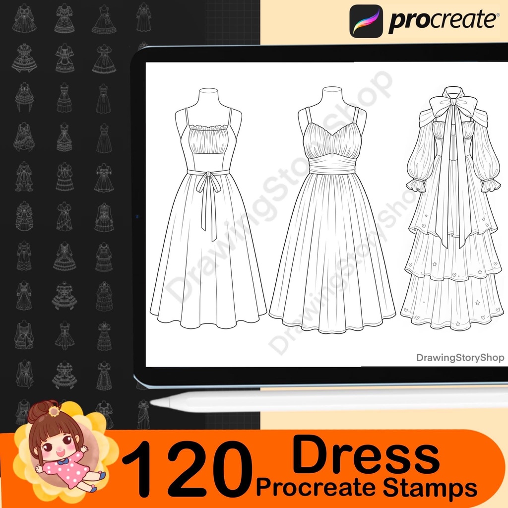 120 Procreate Dress Stamps | Anime Outfit Lineart Bundle | Cute Clothing Stamps