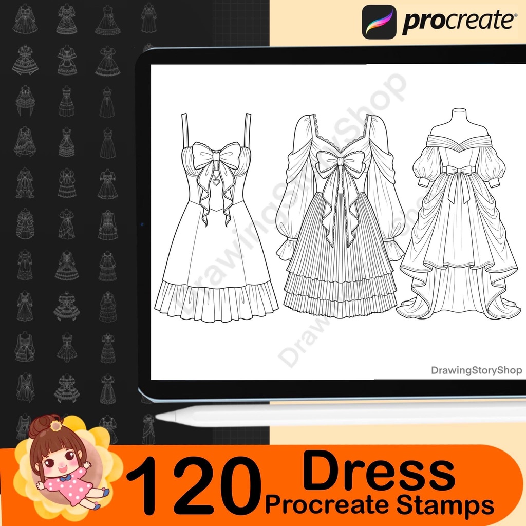 120 Procreate Dress Stamps | Anime Outfit Lineart Bundle | Cute Clothing Stamps