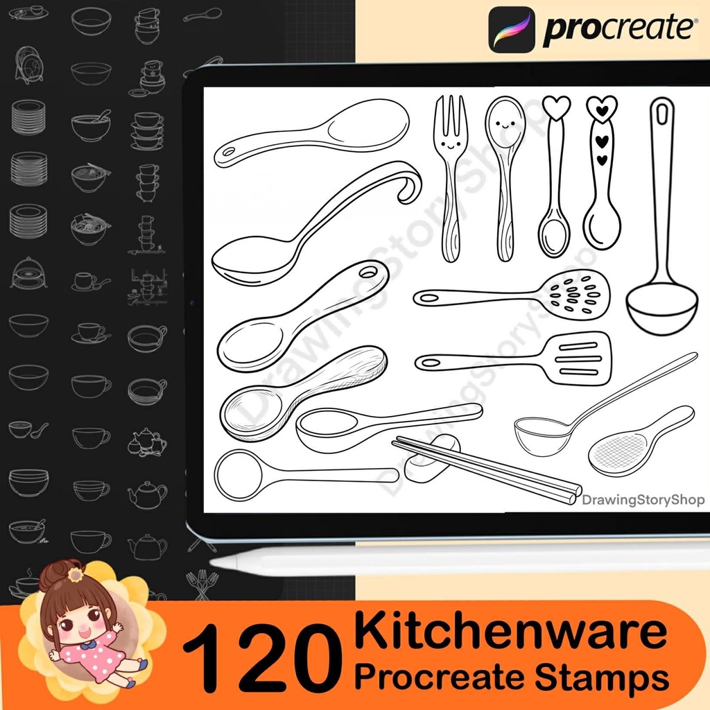 120 Procreate Kitchenware Stamp Brushes, Cooking Utensil Dishware Stamps, Bowl Cup Teapot Kitchen Tools for iPad