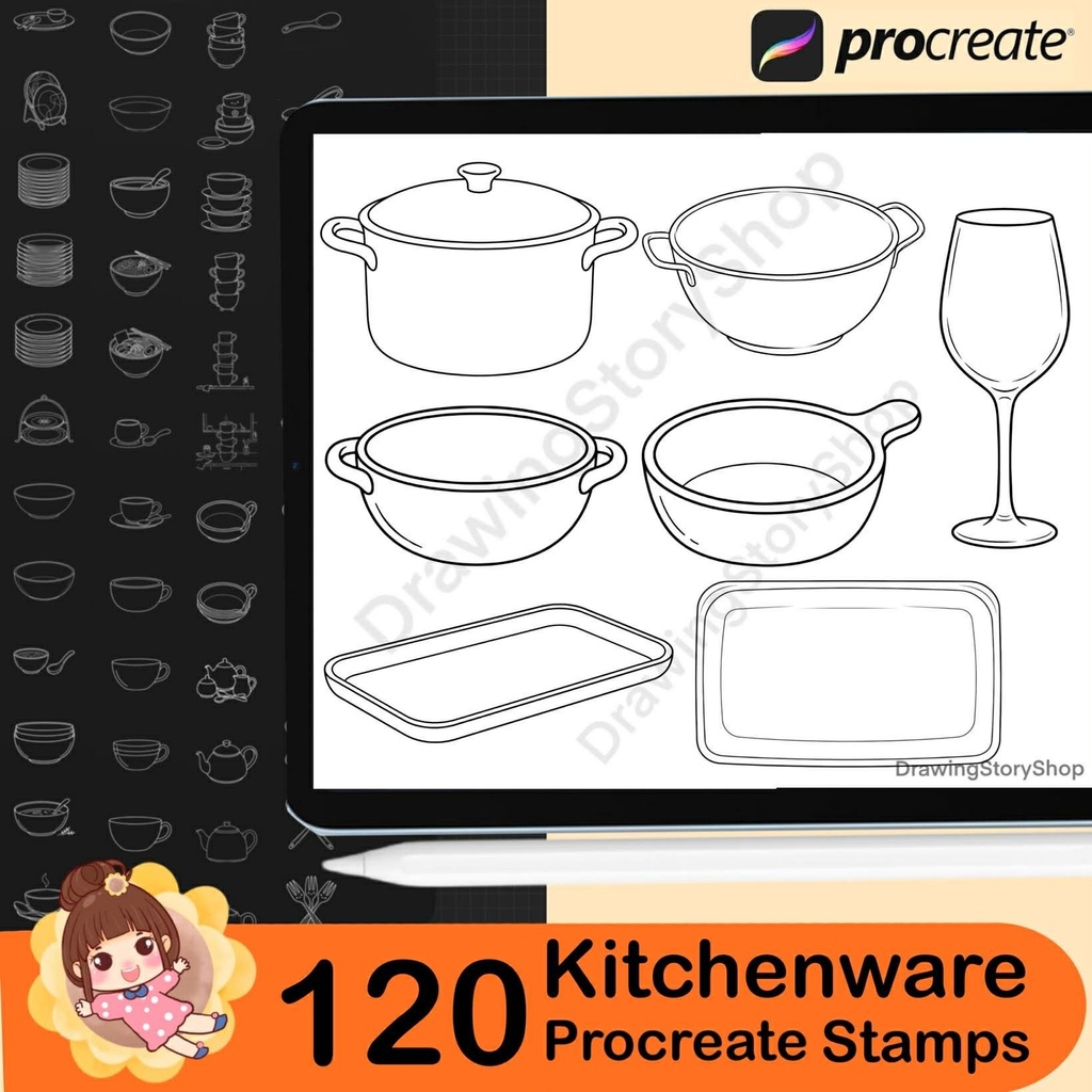 120 Procreate Kitchenware Stamp Brushes, Cooking Utensil Dishware Stamps, Bowl Cup Teapot Kitchen Tools for iPad