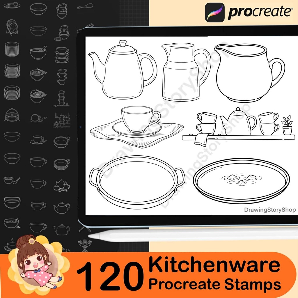 120 Procreate Kitchenware Stamp Brushes, Cooking Utensil Dishware Stamps, Bowl Cup Teapot Kitchen Tools for iPad