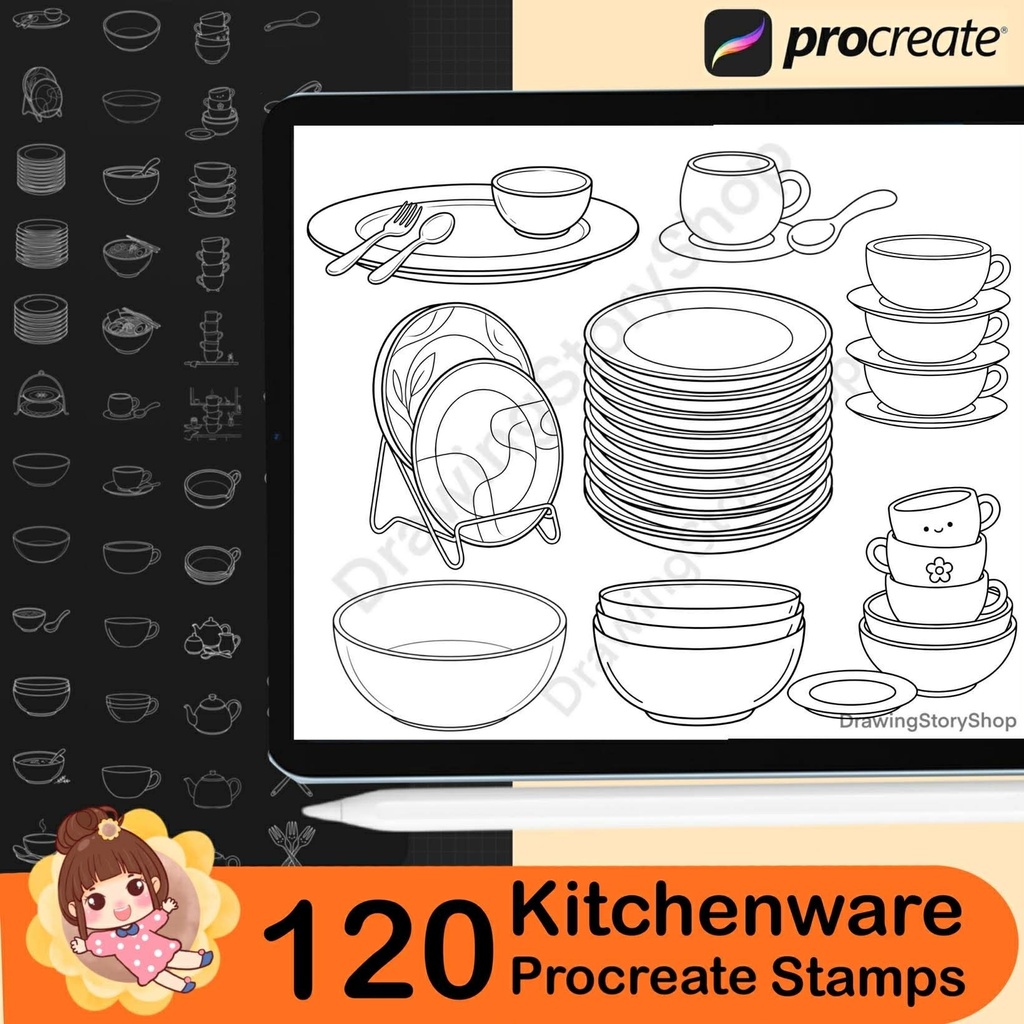 120 Procreate Kitchenware Stamp Brushes, Cooking Utensil Dishware Stamps, Bowl Cup Teapot Kitchen Tools for iPad