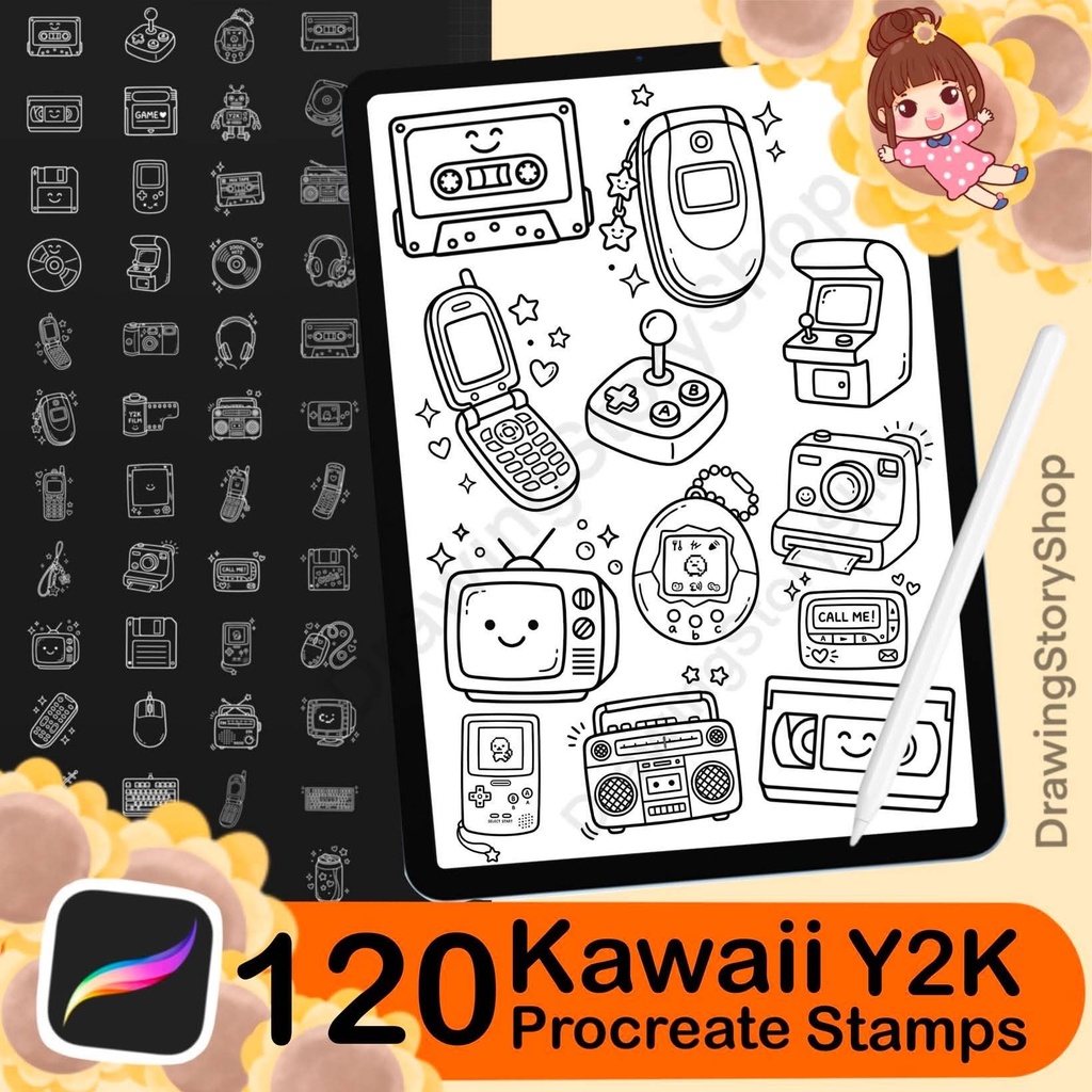 120 Y2K Procreate Stamps: 90's Nostalgia Digital Brushes
