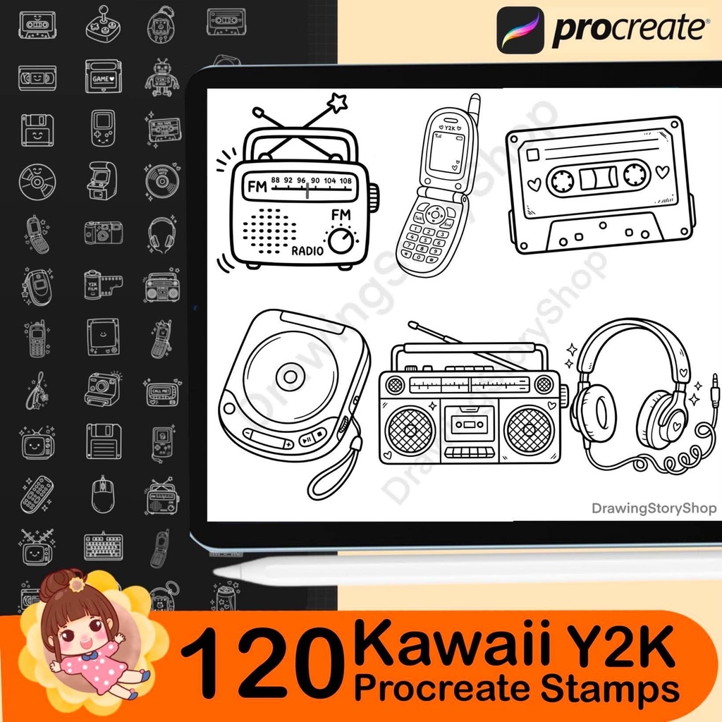 120 Y2K Procreate Stamps: 90's Nostalgia Digital Brushes