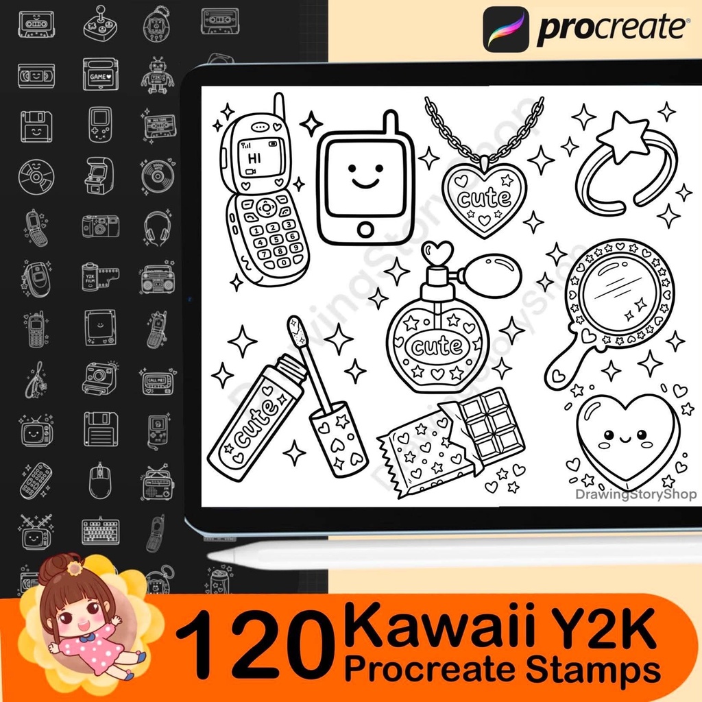 120 Y2K Procreate Stamps: 90's Nostalgia Digital Brushes