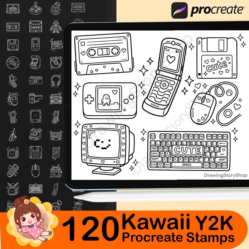120 Y2K Procreate Stamps: 90's Nostalgia Digital Brushes