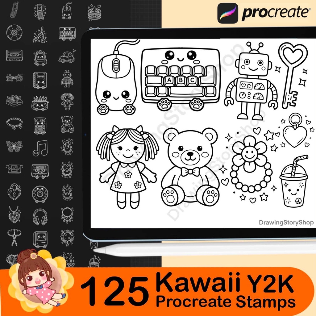125 Kawaii Y2K Procreate Stamps – Cute Retro Doodle Brushes, 2000s Aesthetic Icons