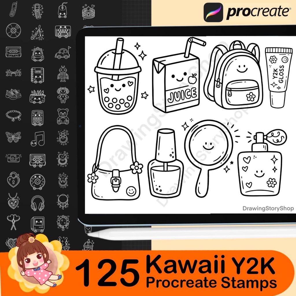 125 Kawaii Y2K Procreate Stamps – Cute Retro Doodle Brushes, 2000s Aesthetic Icons