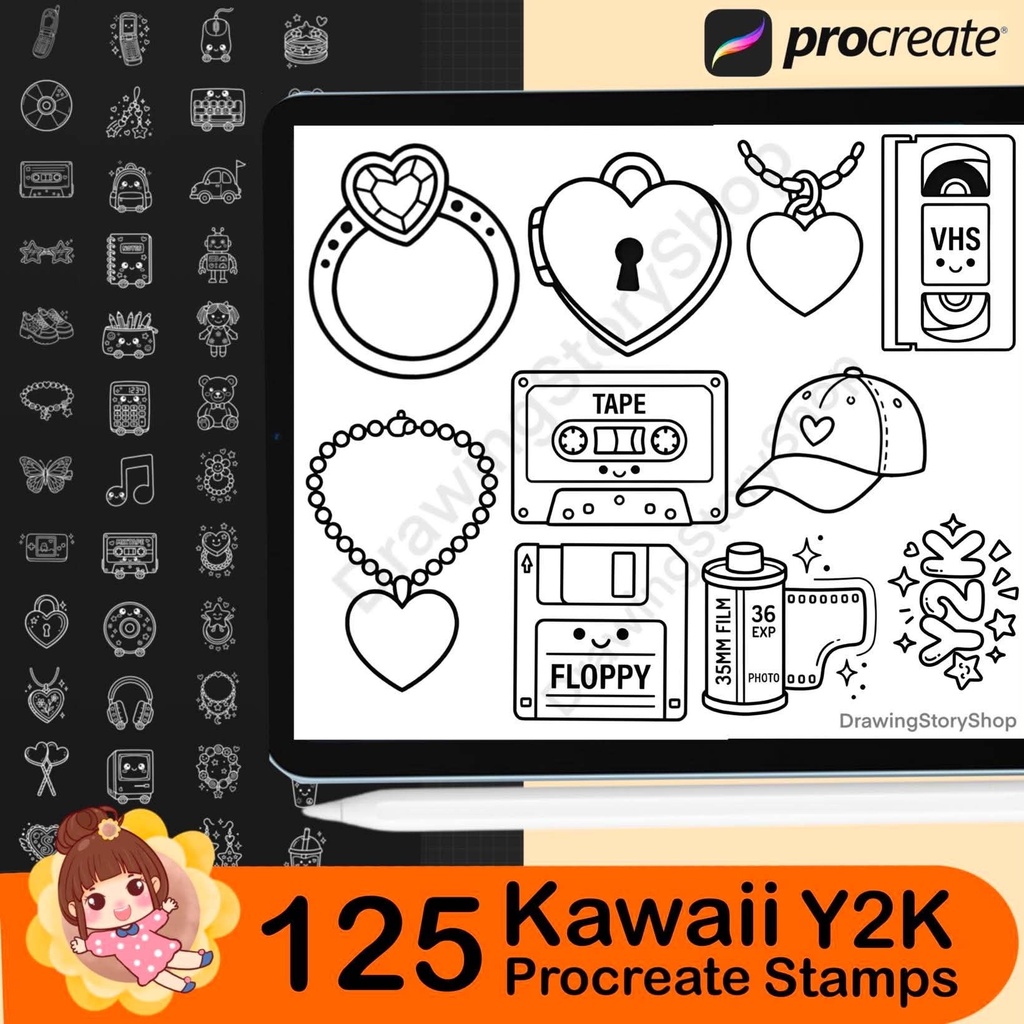 125 Kawaii Y2K Procreate Stamps – Cute Retro Doodle Brushes, 2000s Aesthetic Icons