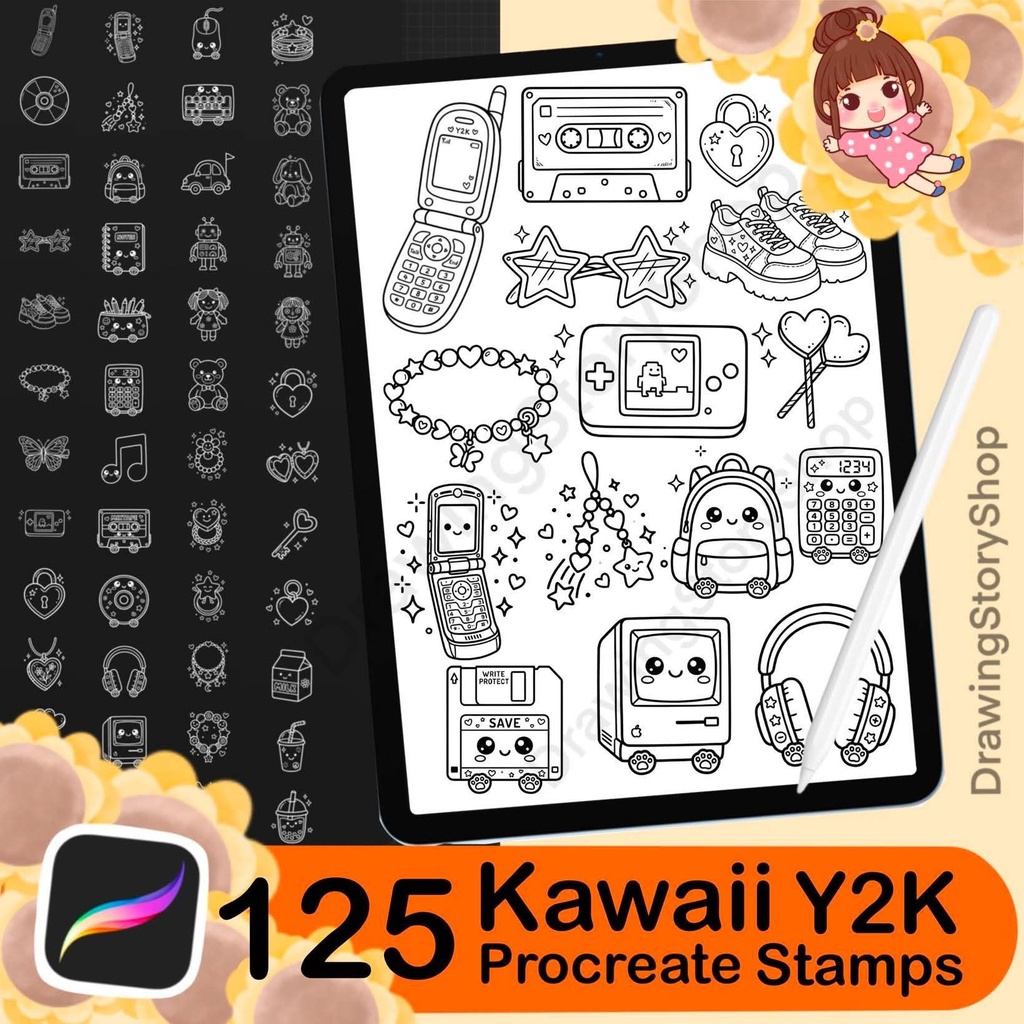 125 Kawaii Y2K Procreate Stamps – Cute Retro Doodle Brushes, 2000s Aesthetic Icons