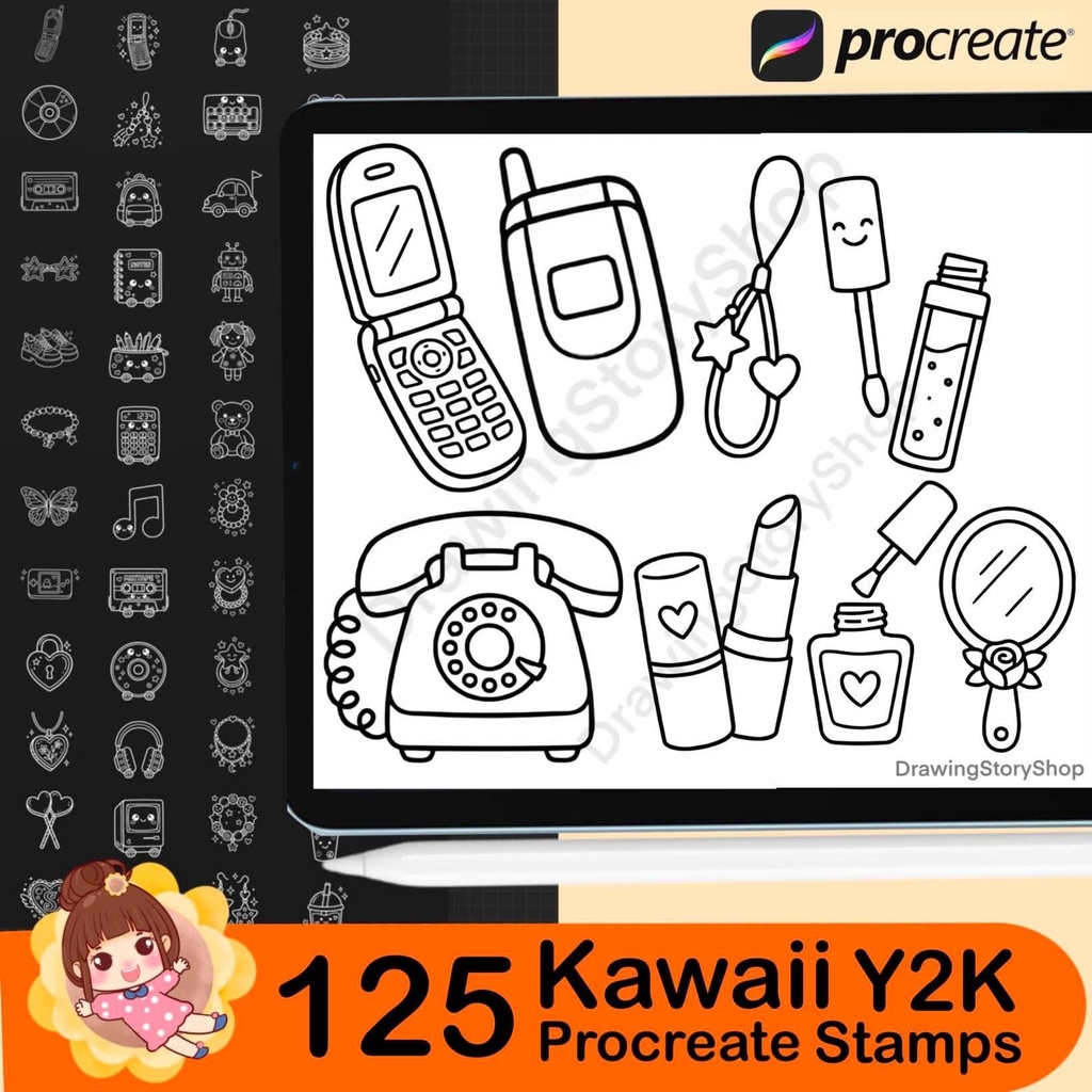 125 Kawaii Y2K Procreate Stamps – Cute Retro Doodle Brushes, 2000s Aesthetic Icons