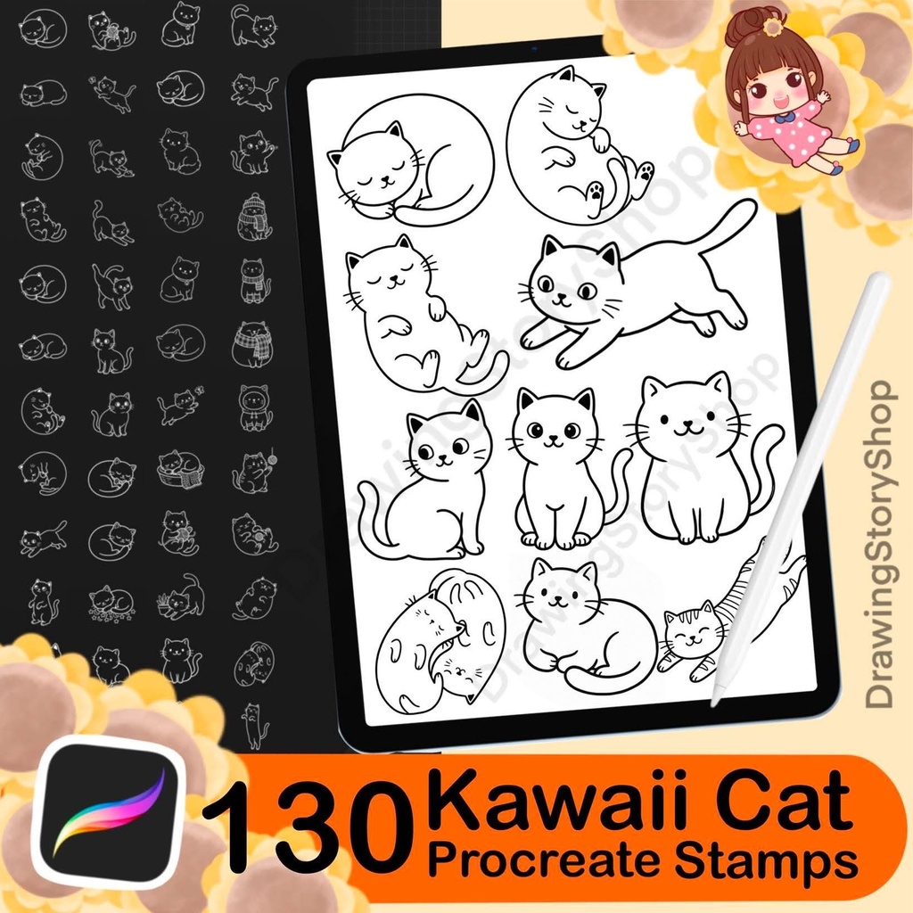 130 Kawaii Cat Procreate Stamps | Cute Kitty Doodle Stamp Brushes for Procreate