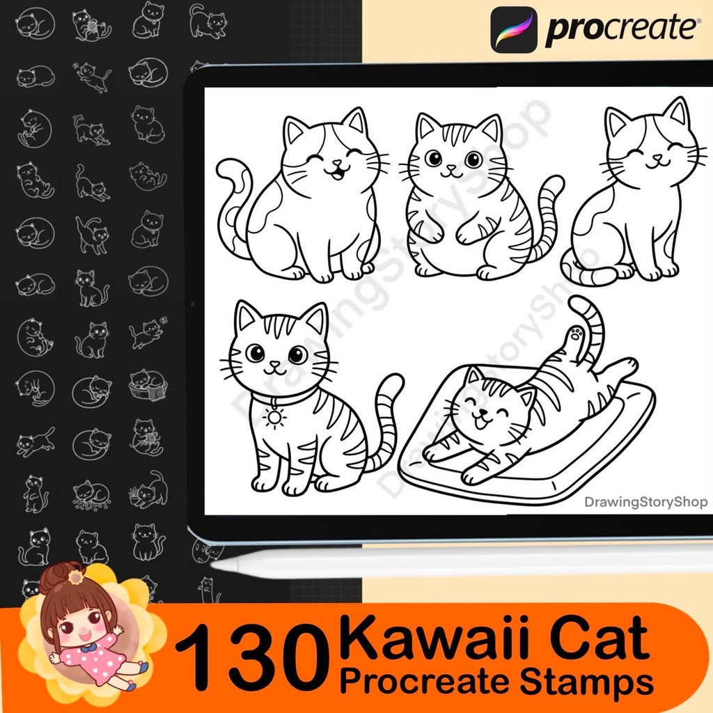 130 Kawaii Cat Procreate Stamps | Cute Kitty Doodle Stamp Brushes for Procreate