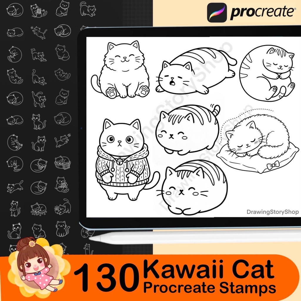130 Kawaii Cat Procreate Stamps | Cute Kitty Doodle Stamp Brushes for Procreate