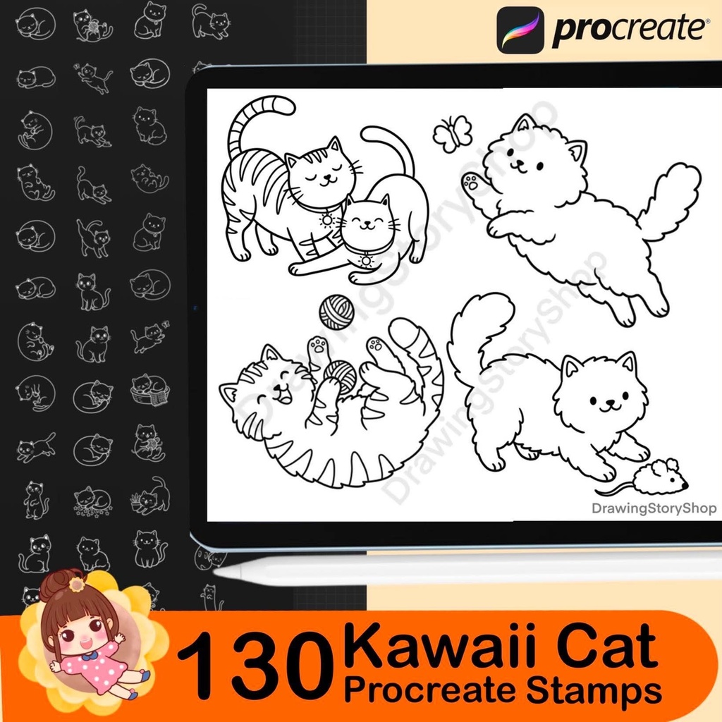 130 Kawaii Cat Procreate Stamps | Cute Kitty Doodle Stamp Brushes for Procreate