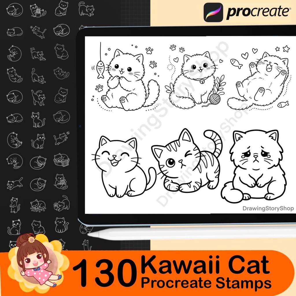 130 Kawaii Cat Procreate Stamps | Cute Kitty Doodle Stamp Brushes for Procreate