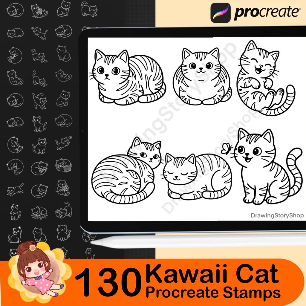 130 Kawaii Cat Procreate Stamps | Cute Kitty Doodle Stamp Brushes for Procreate