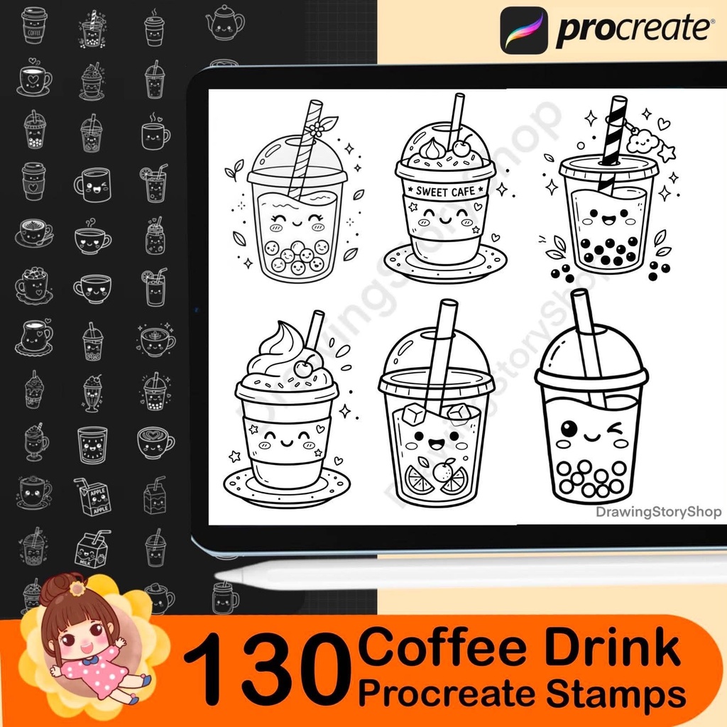 130 Kawaii Coffee Drink Procreate Stamps, Cute Cafe Beverage Brush, Coffee Cup Boba Latte Stamp Brushes
