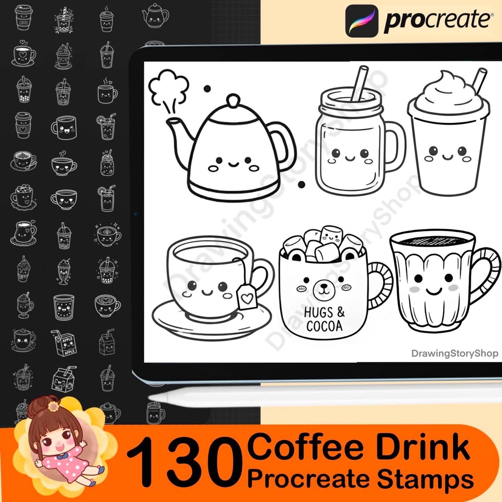 130 Kawaii Coffee Drink Procreate Stamps, Cute Cafe Beverage Brush, Coffee Cup Boba Latte Stamp Brushes