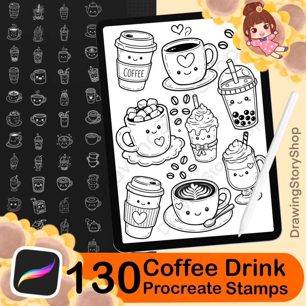 130 Kawaii Coffee Drink Procreate Stamps, Cute Cafe Beverage Brush, Coffee Cup Boba Latte Stamp Brushes