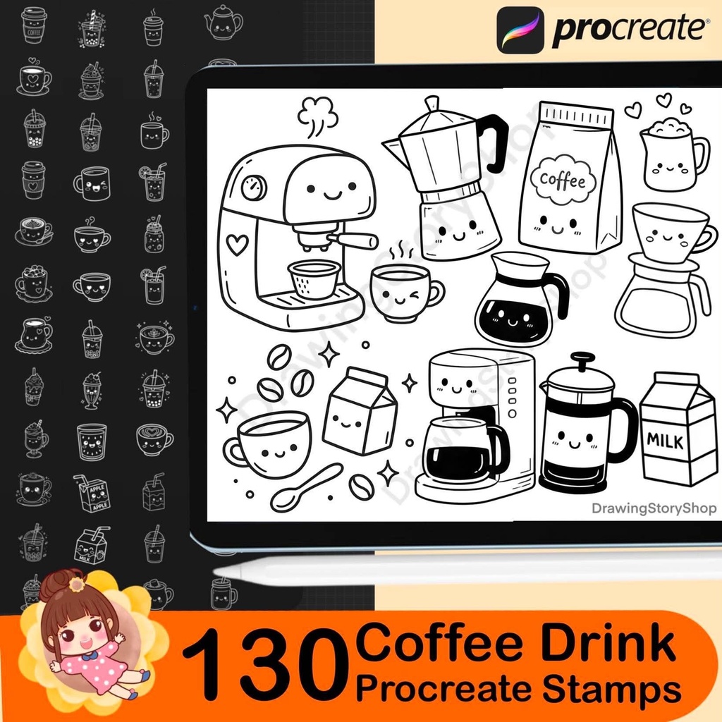 130 Kawaii Coffee Drink Procreate Stamps, Cute Cafe Beverage Brush, Coffee Cup Boba Latte Stamp Brushes