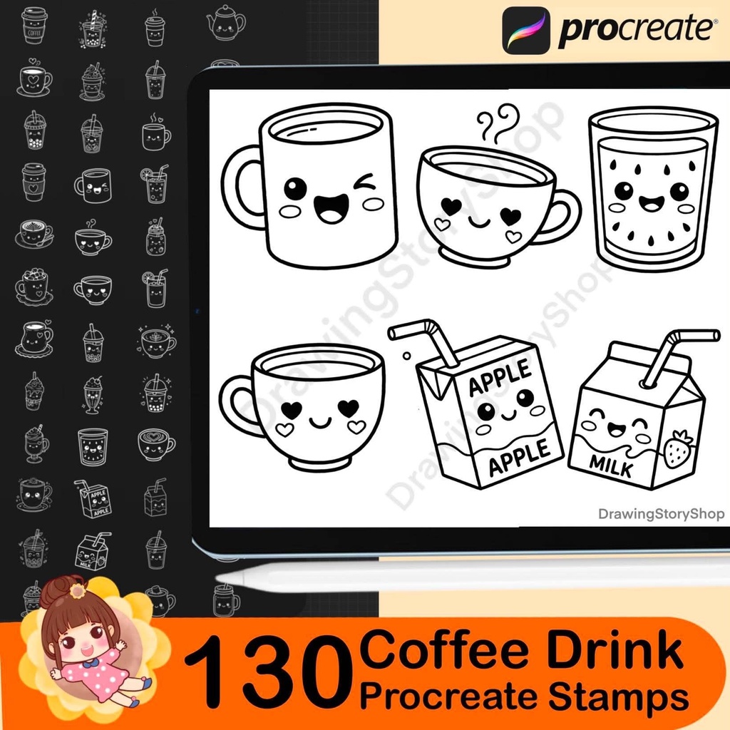 130 Kawaii Coffee Drink Procreate Stamps, Cute Cafe Beverage Brush, Coffee Cup Boba Latte Stamp Brushes