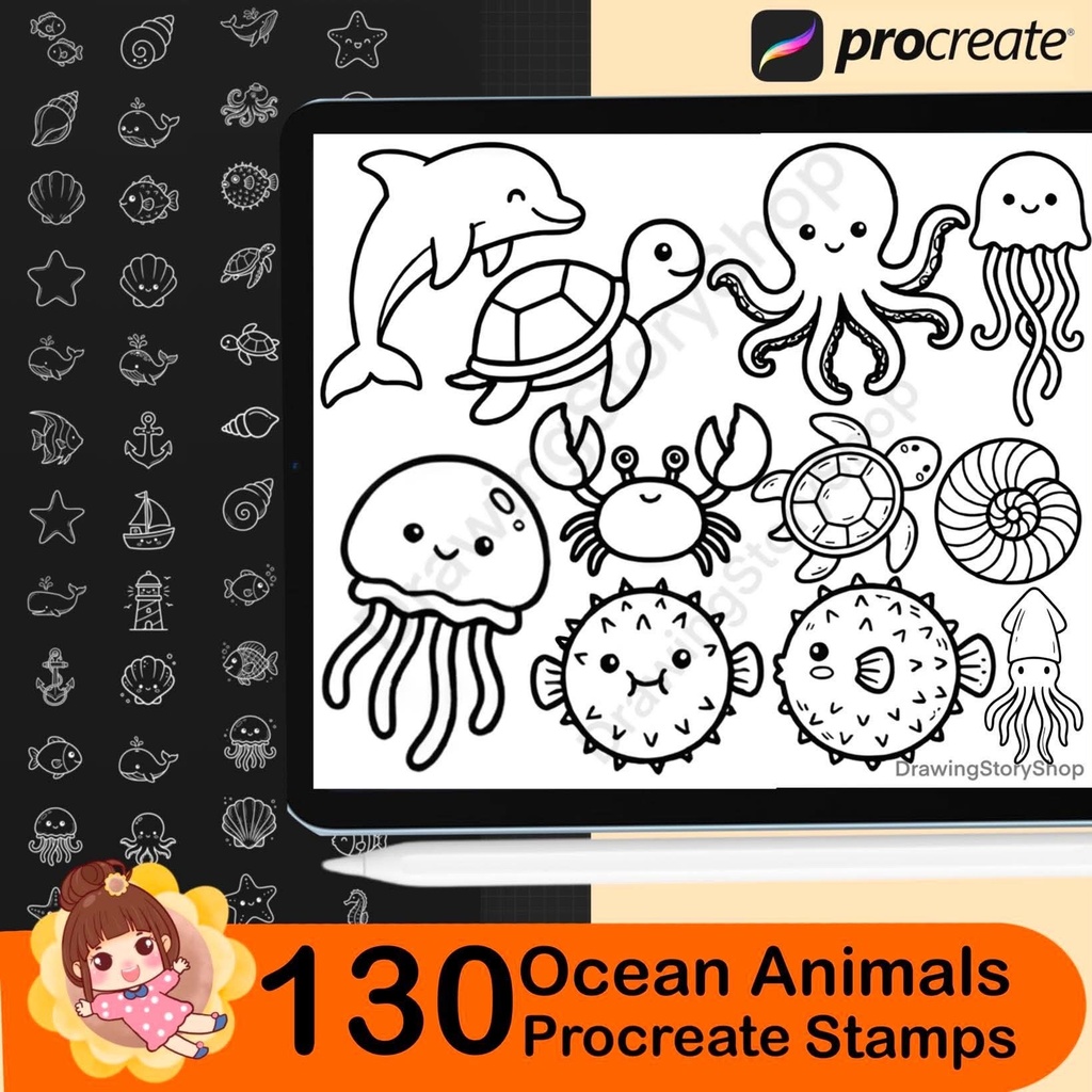130 Kawaii Ocean Animals Procreate Stamps – Cute Sea Creatures, Marine Life, Ocean Doodle Stamp Brushes for iPad