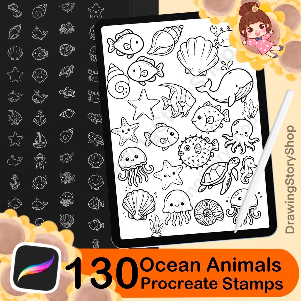 130 Kawaii Ocean Animals Procreate Stamps – Cute Sea Creatures, Marine Life, Ocean Doodle Stamp Brushes for iPad