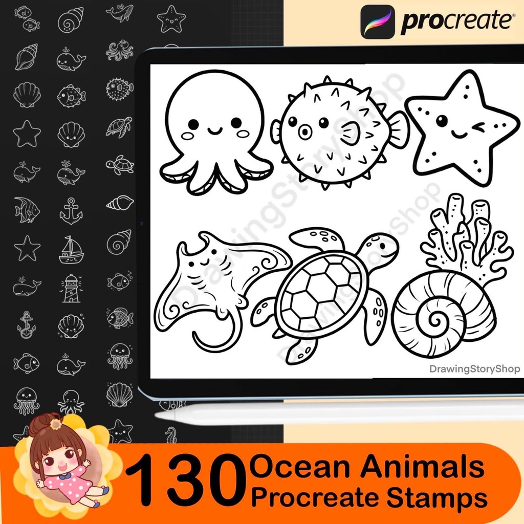 130 Kawaii Ocean Animals Procreate Stamps – Cute Sea Creatures, Marine Life, Ocean Doodle Stamp Brushes for iPad