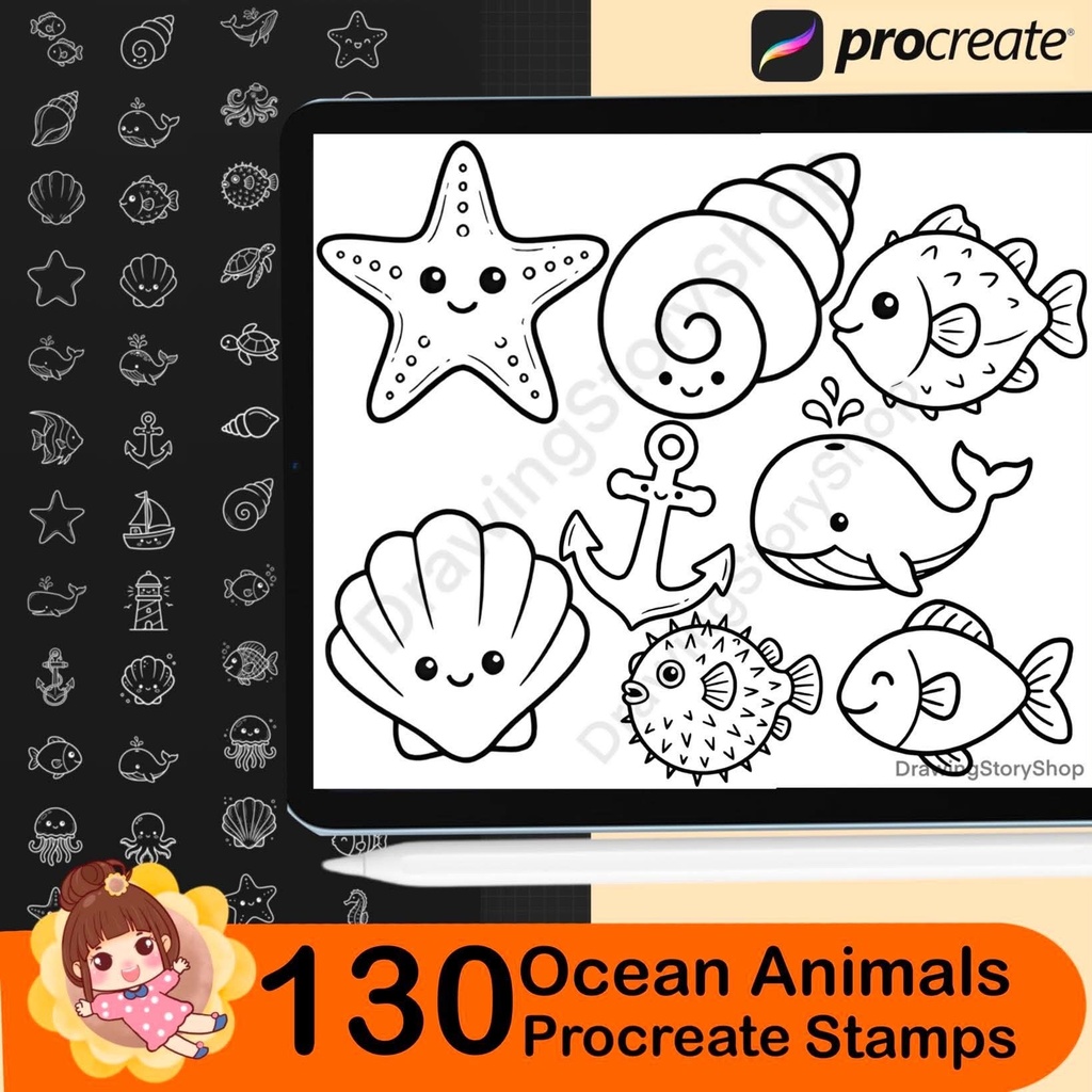 130 Kawaii Ocean Animals Procreate Stamps – Cute Sea Creatures, Marine Life, Ocean Doodle Stamp Brushes for iPad