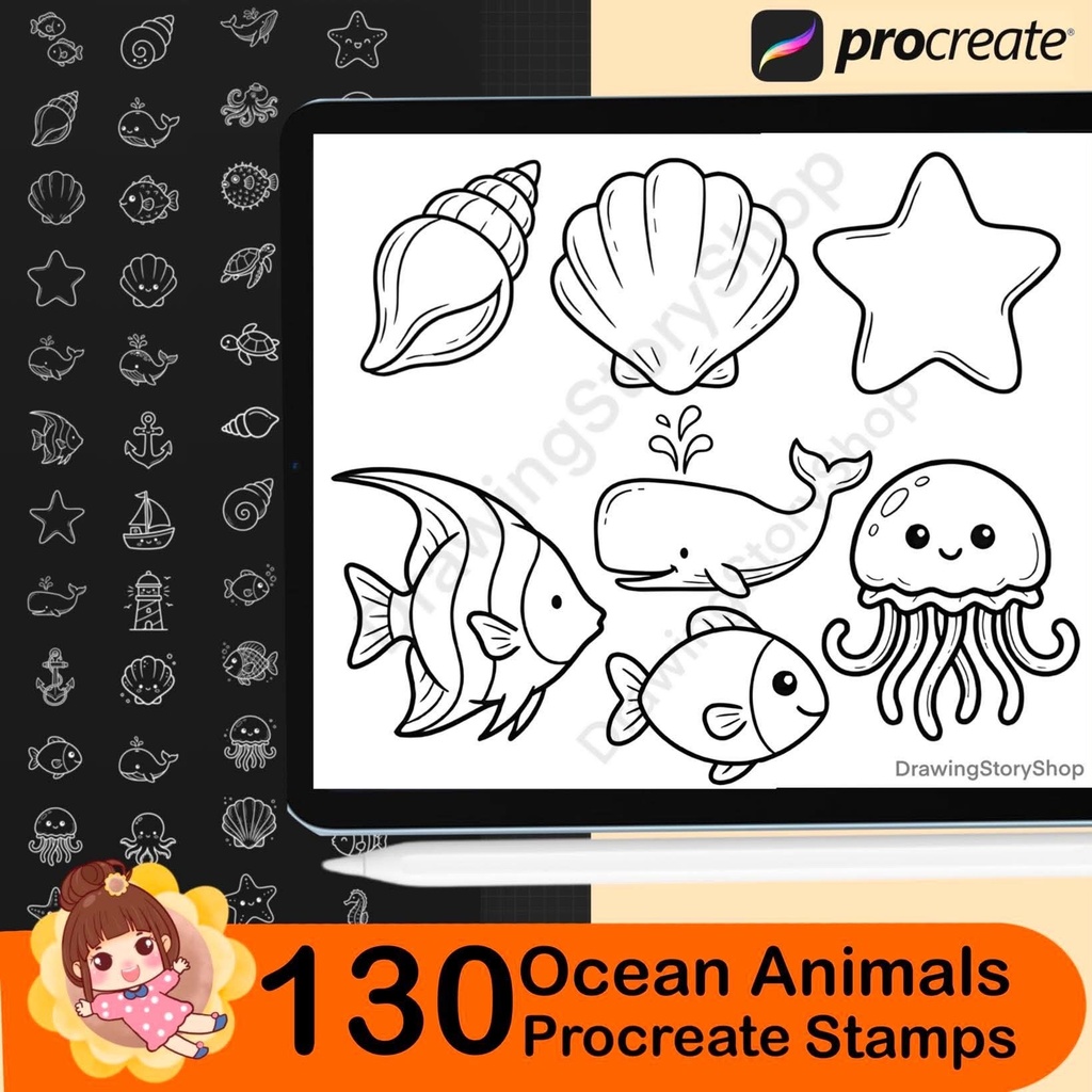 130 Kawaii Ocean Animals Procreate Stamps – Cute Sea Creatures, Marine Life, Ocean Doodle Stamp Brushes for iPad