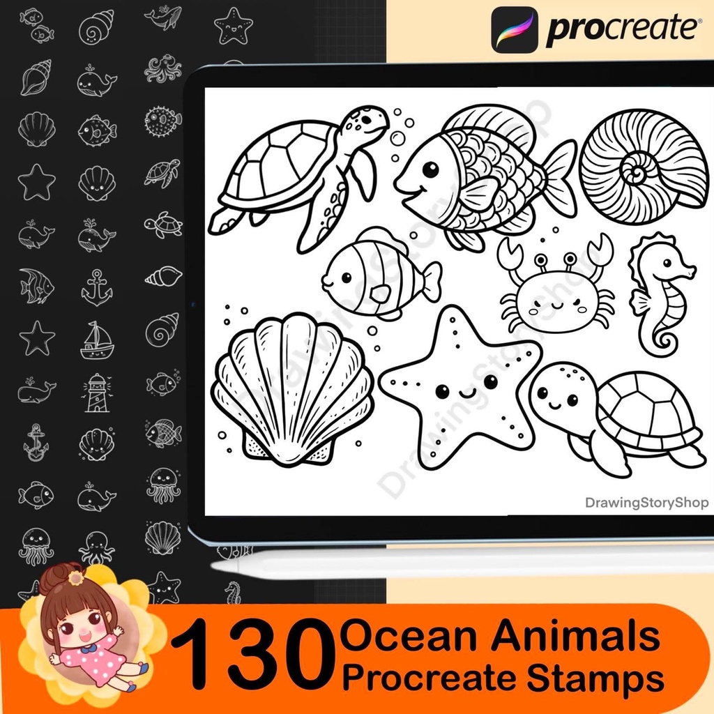 130 Kawaii Ocean Animals Procreate Stamps – Cute Sea Creatures, Marine Life, Ocean Doodle Stamp Brushes for iPad