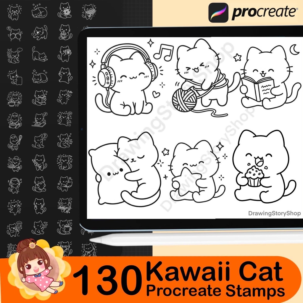 130 Procreate Cute Kawaii Cat Stamps, Kitty Daily Life Doodle Brushes, Planner Journal Scrapbook Cat Clipart