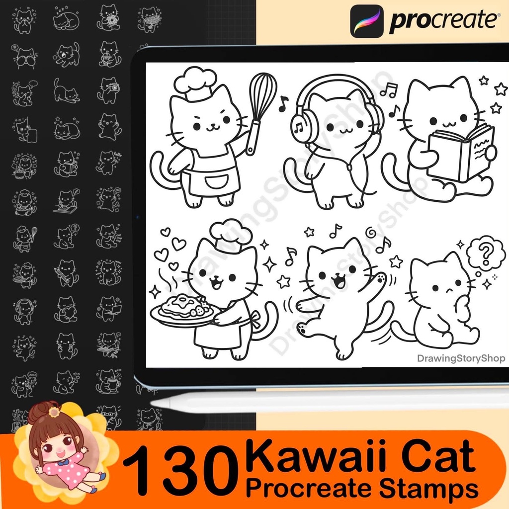 130 Procreate Cute Kawaii Cat Stamps, Kitty Daily Life Doodle Brushes, Planner Journal Scrapbook Cat Clipart