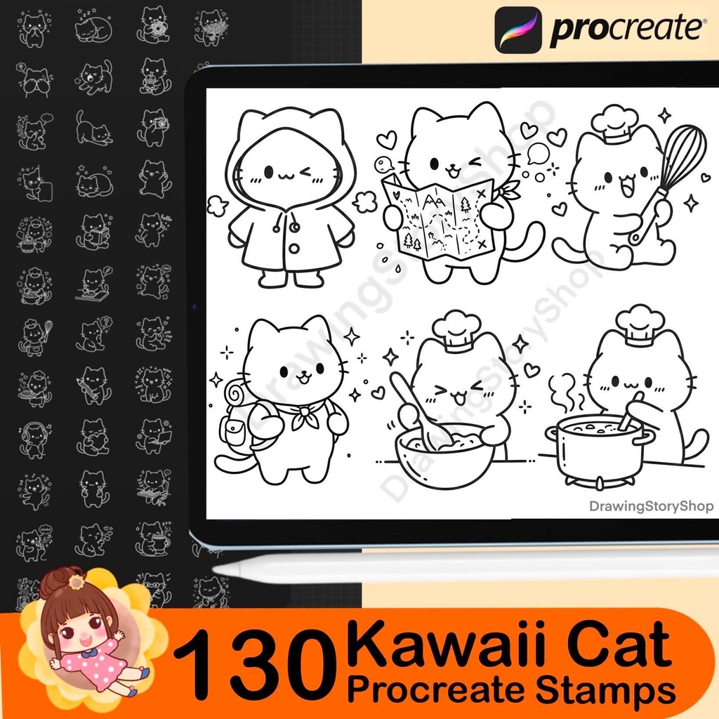 130 Procreate Cute Kawaii Cat Stamps, Kitty Daily Life Doodle Brushes, Planner Journal Scrapbook Cat Clipart