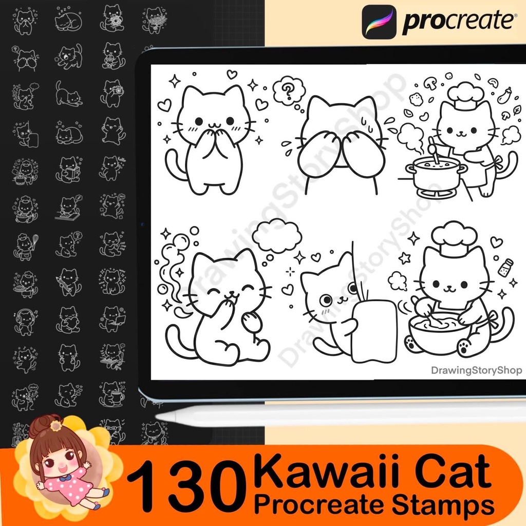 130 Procreate Cute Kawaii Cat Stamps, Kitty Daily Life Doodle Brushes, Planner Journal Scrapbook Cat Clipart