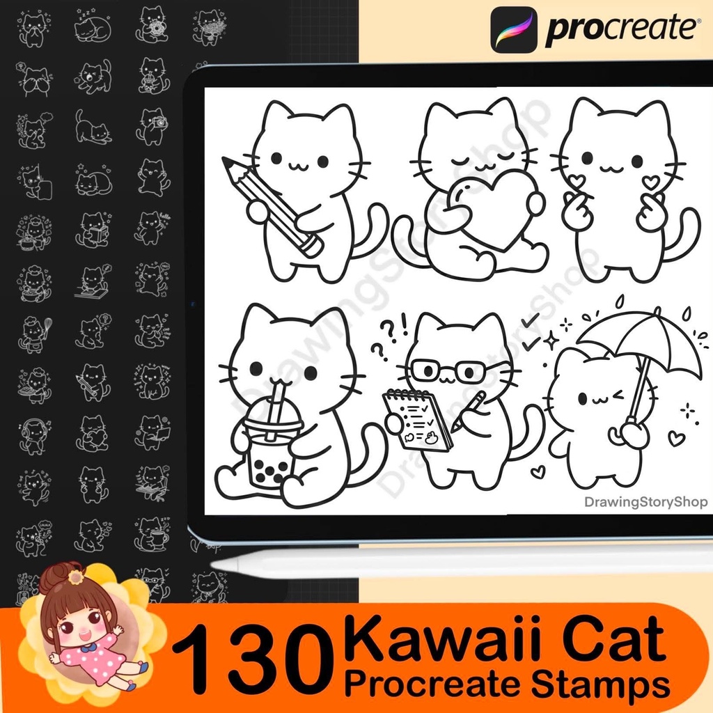 130 Procreate Cute Kawaii Cat Stamps, Kitty Daily Life Doodle Brushes, Planner Journal Scrapbook Cat Clipart