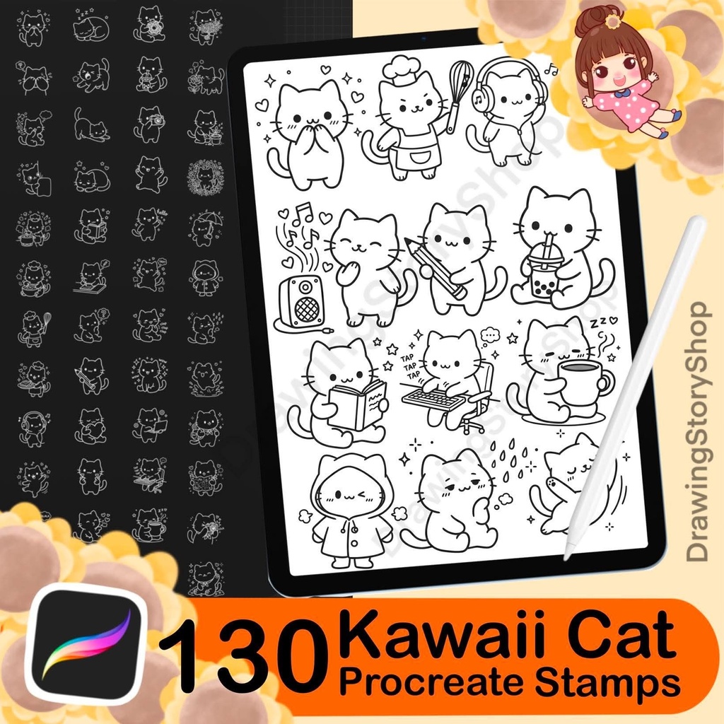 130 Procreate Cute Kawaii Cat Stamps, Kitty Daily Life Doodle Brushes, Planner Journal Scrapbook Cat Clipart