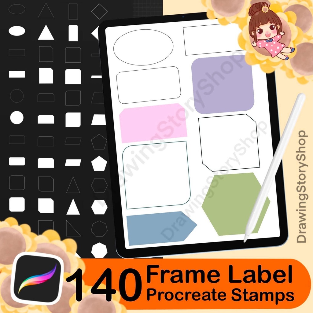 140 Frame Label Procreate Stamps, Journal Box Shapes, Planner Layout Stamp Brushes, Scrapbook Frame
