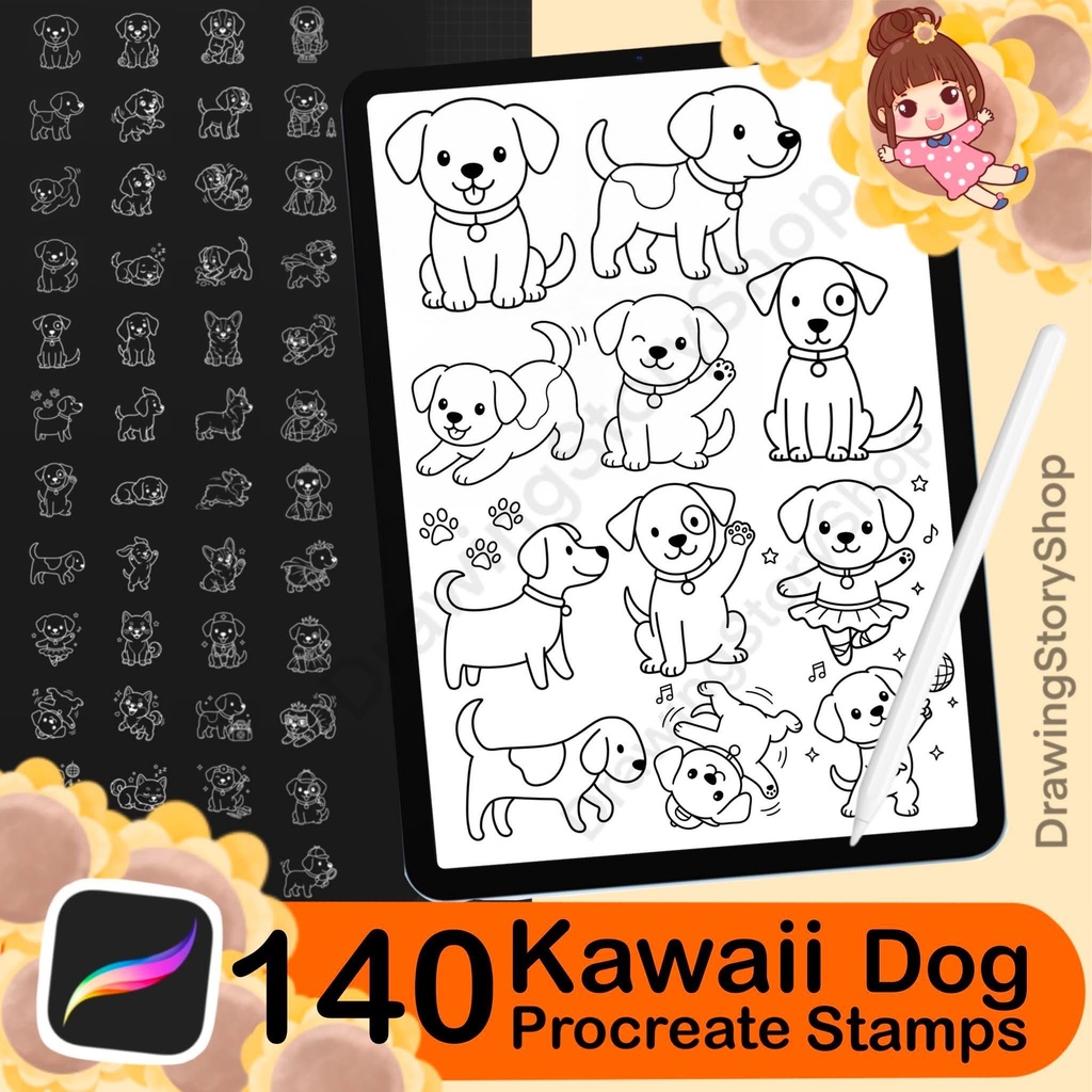 140 Procreate Dog Doodle Stamps Bundle | Cute Puppy Line Art Brushes | Kawaii Dog Clipart Stamp Pack