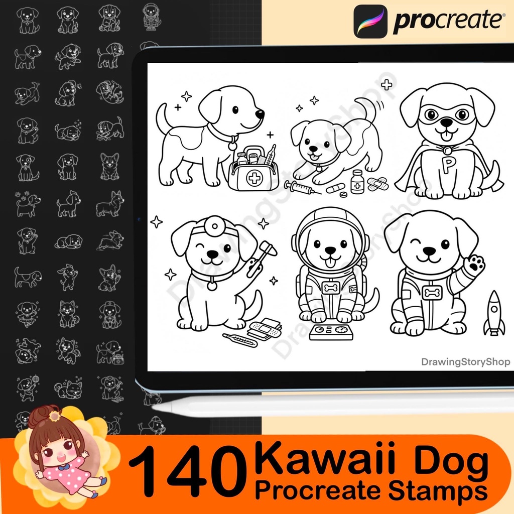 140 Procreate Dog Doodle Stamps Bundle | Cute Puppy Line Art Brushes | Kawaii Dog Clipart Stamp Pack