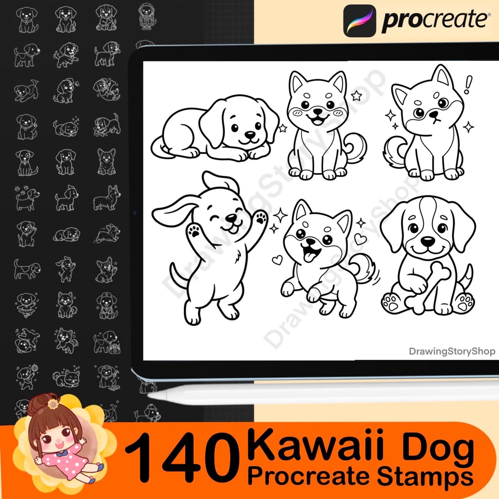 140 Procreate Dog Doodle Stamps Bundle | Cute Puppy Line Art Brushes | Kawaii Dog Clipart Stamp Pack