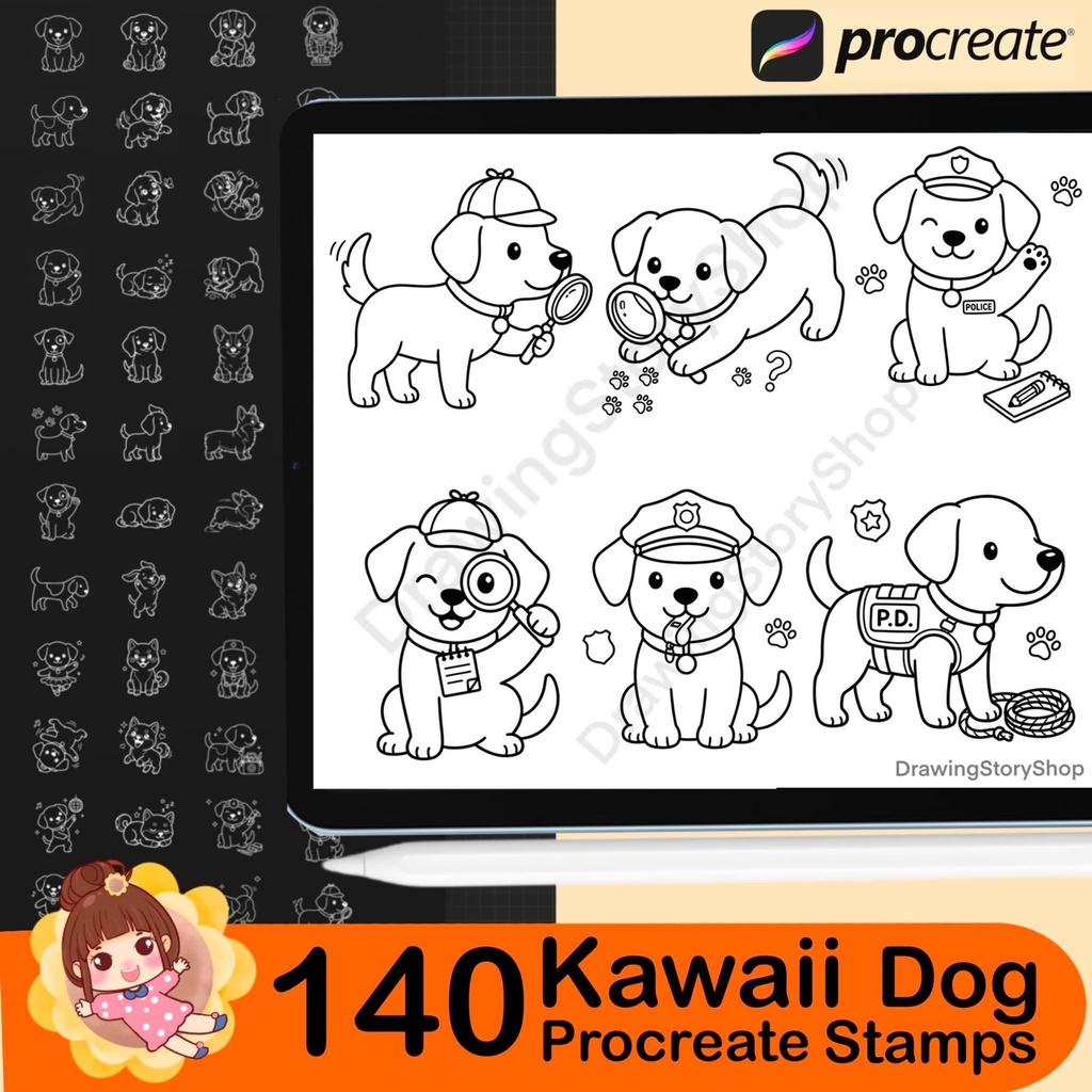 140 Procreate Dog Doodle Stamps Bundle | Cute Puppy Line Art Brushes | Kawaii Dog Clipart Stamp Pack
