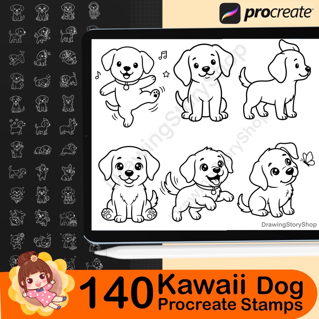 140 Procreate Dog Doodle Stamps Bundle | Cute Puppy Line Art Brushes | Kawaii Dog Clipart Stamp Pack