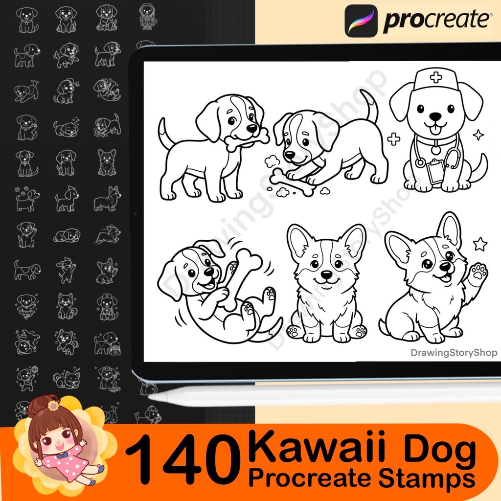 140 Procreate Dog Doodle Stamps Bundle | Cute Puppy Line Art Brushes | Kawaii Dog Clipart Stamp Pack